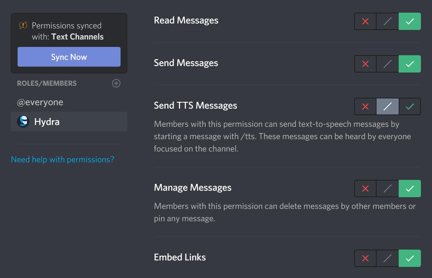Example of overwriting channel permissions
