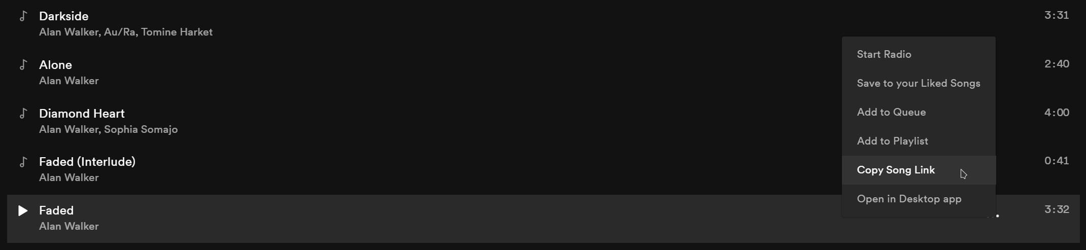 Example of how to copy a Spotify link