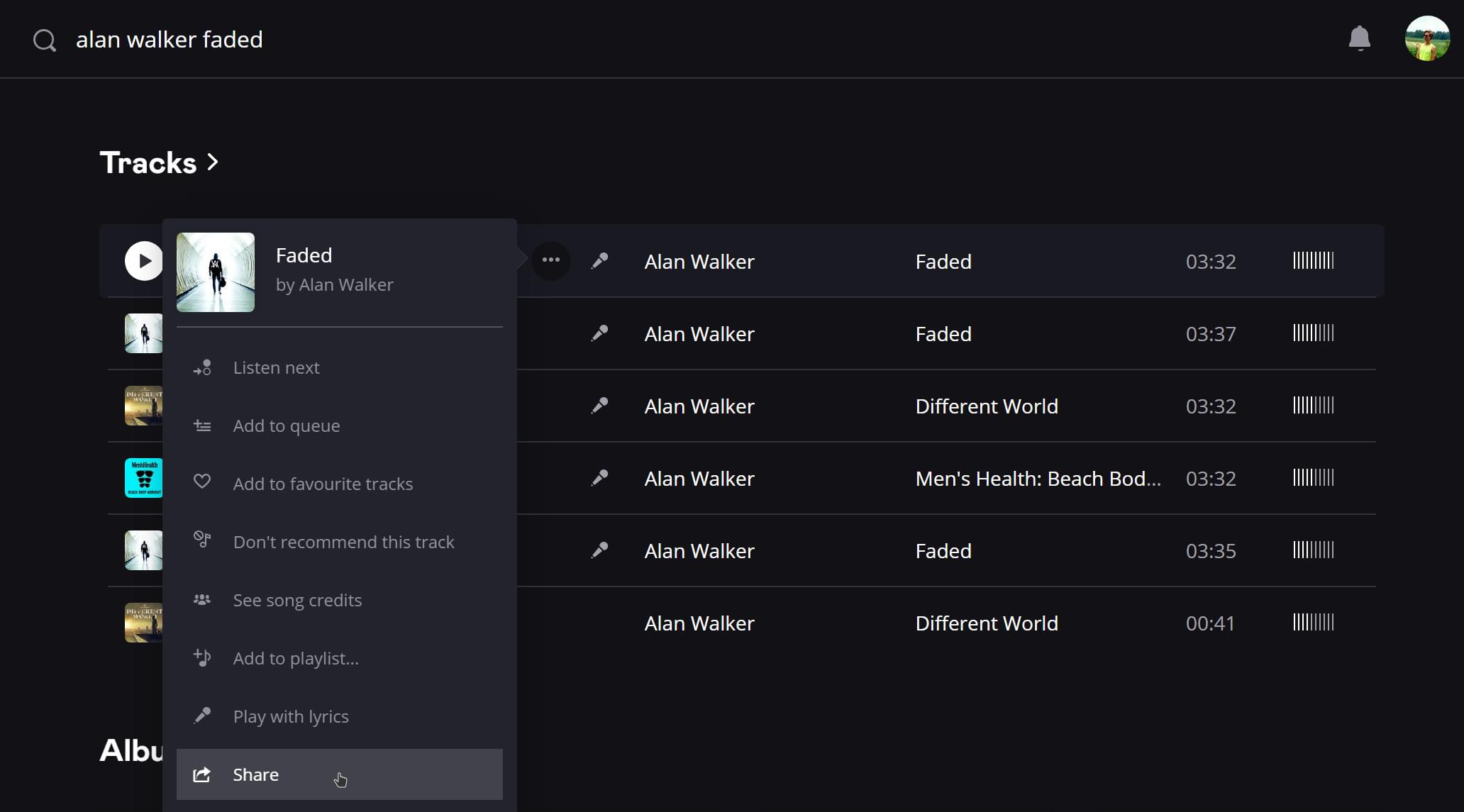 Example of how to copy a Deezer link